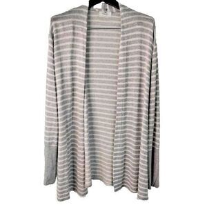 Mademli Boutique Women' L Open Cardigan Grey/White Stripes Duster Pockets Casual